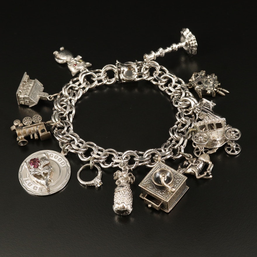 Vintage Sterling Charm Bracelet with Shoe House and Cat