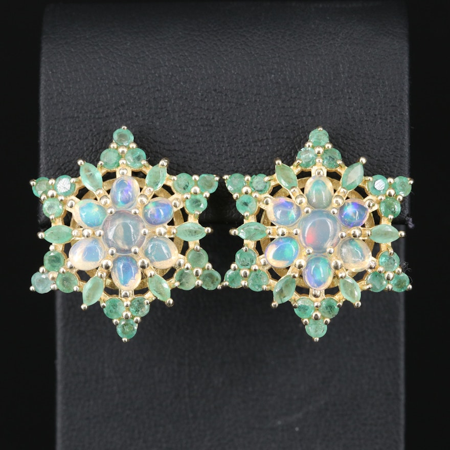 Sterling Silver Opal and Emerald Flower Cluster Earrings