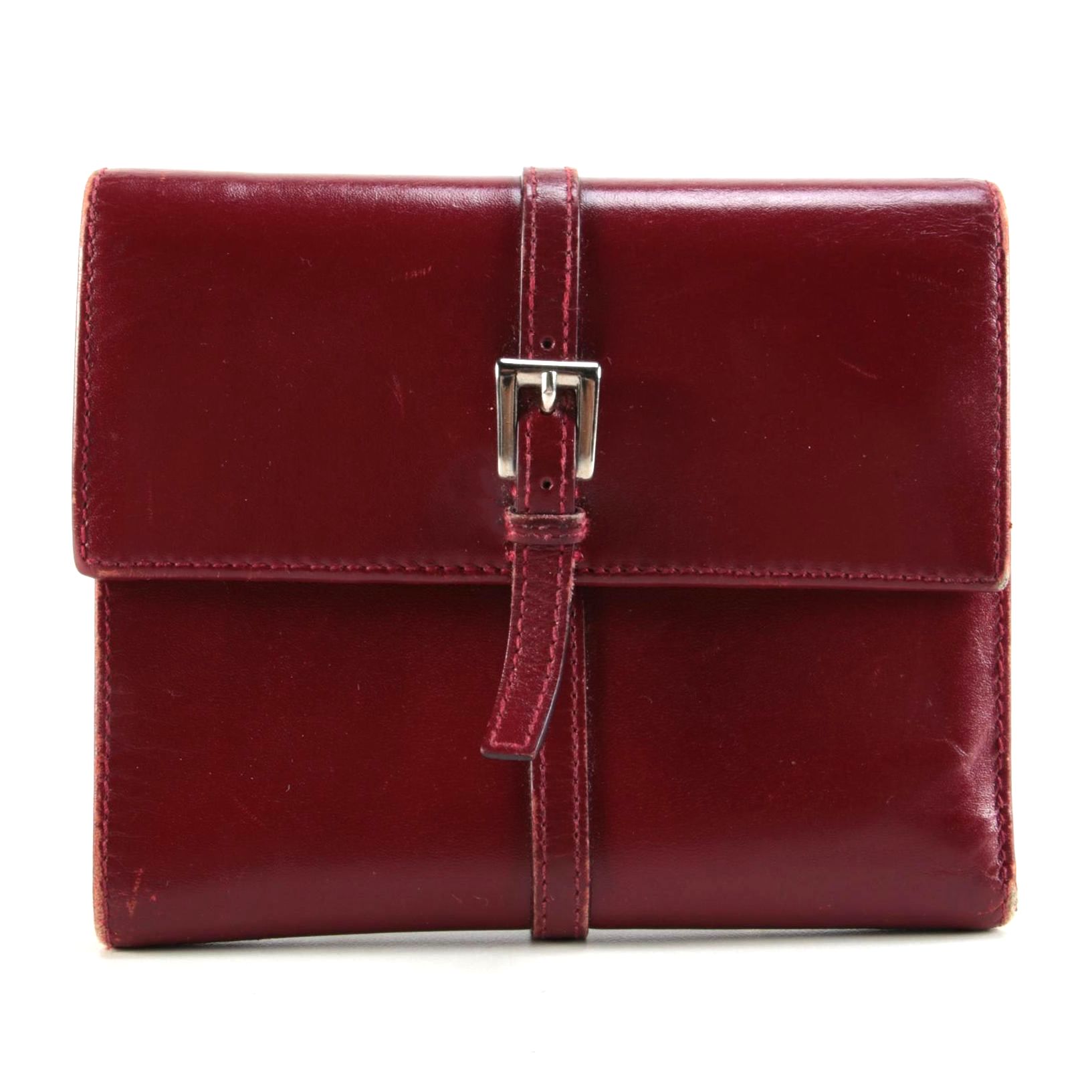 Prada Burgundy Buckle Flap Wallet in Vitello Chic Leather, Late 20th Century