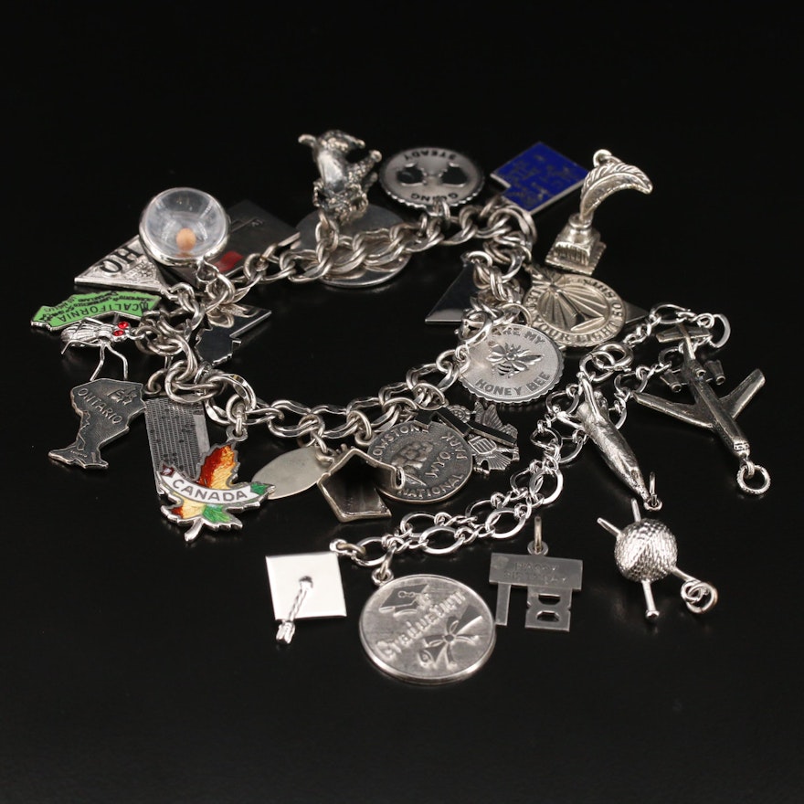Vintage Sterling Rhinestone and Enamel Charm Bracelets with Extra Charms