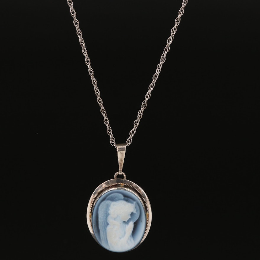 Sterling Silver Onyx Angel Cameo Pendant Necklace