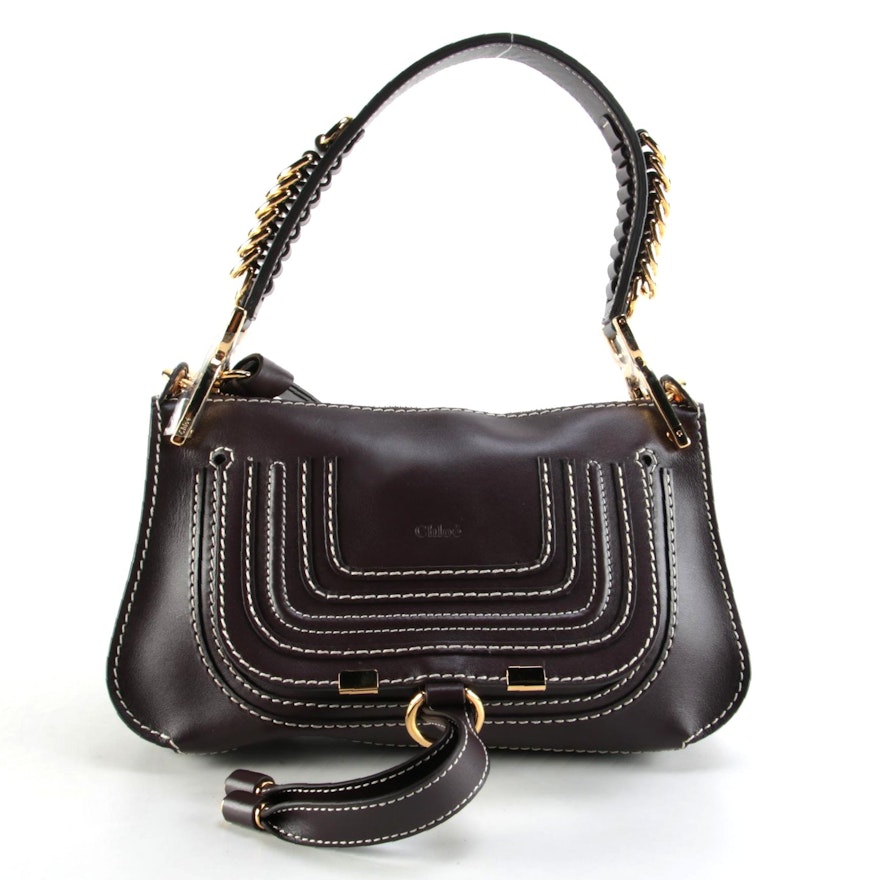 Chloé Marcie Dark Brown Leather Two-Way Saddle Bag with Contrast Stitching