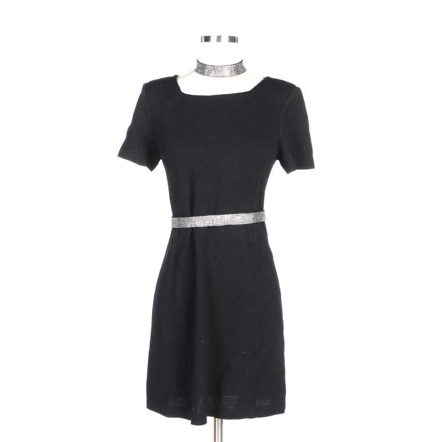 St. John Collection by Marie Gray Black Dress with Rhinestone Belt and Necklace