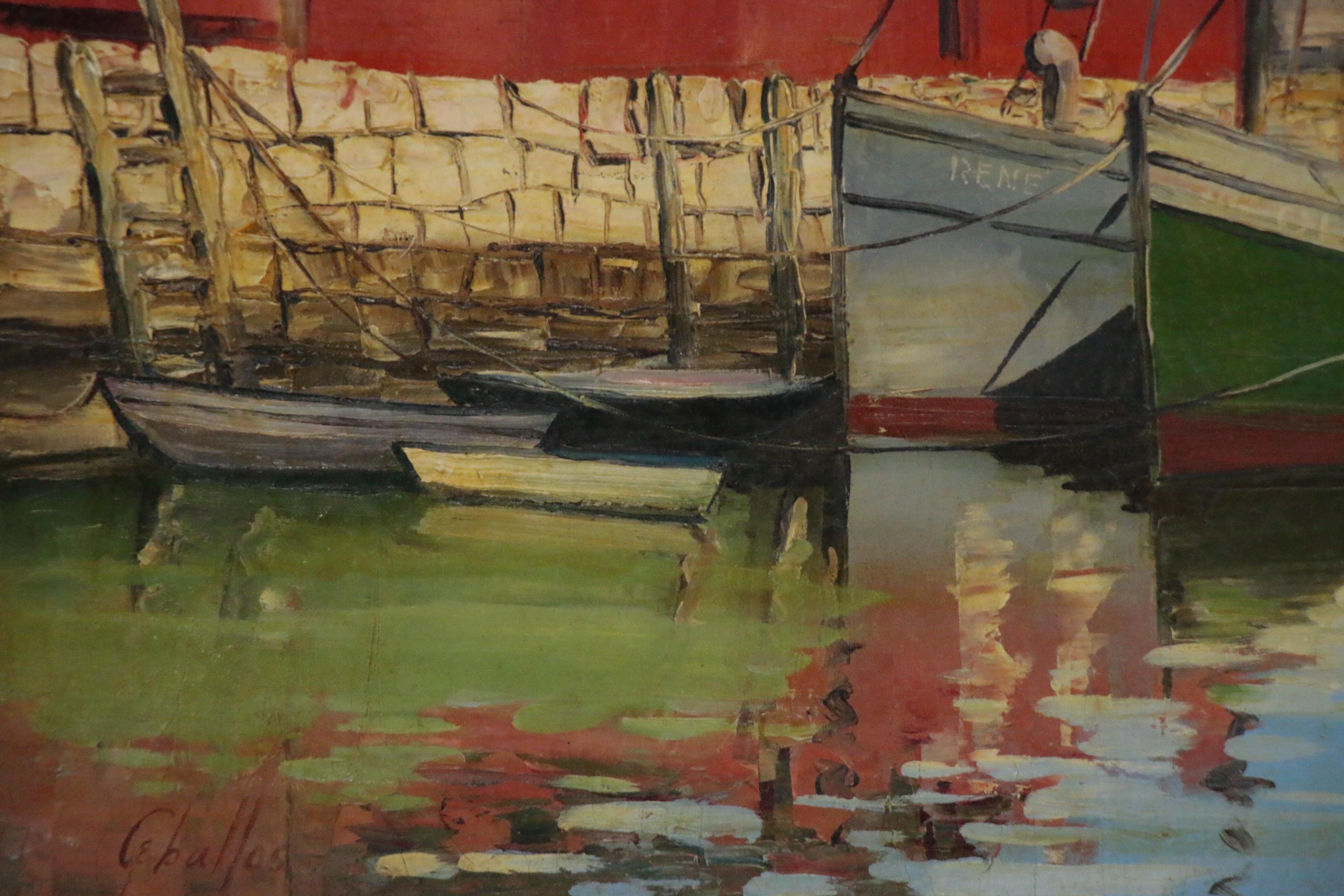 Jesus Ceballos Oil Painting of Harbor, Late 20th Century