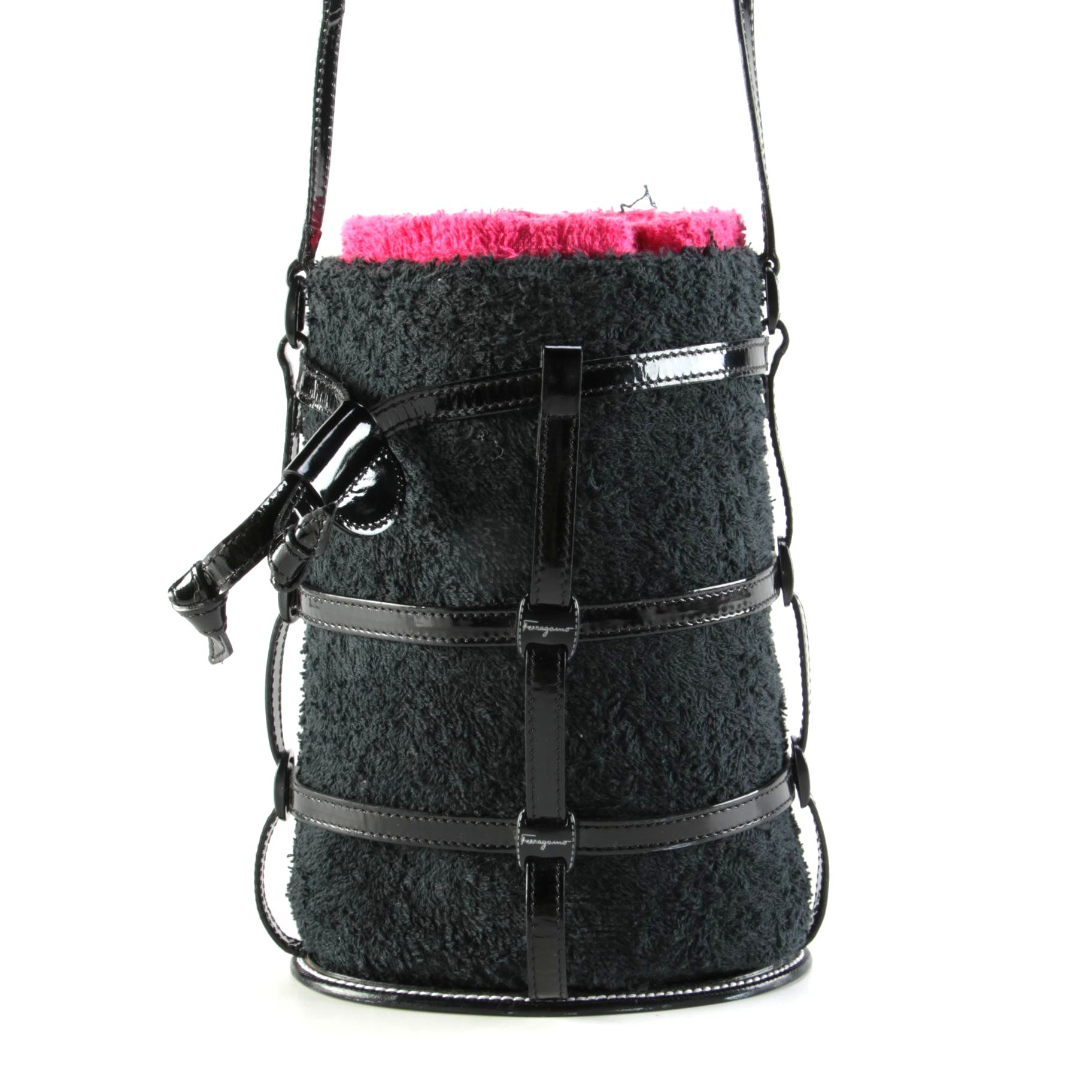 Salvatore Ferragamo Black/Magenta Terry Cloth Cage Bucket Bag