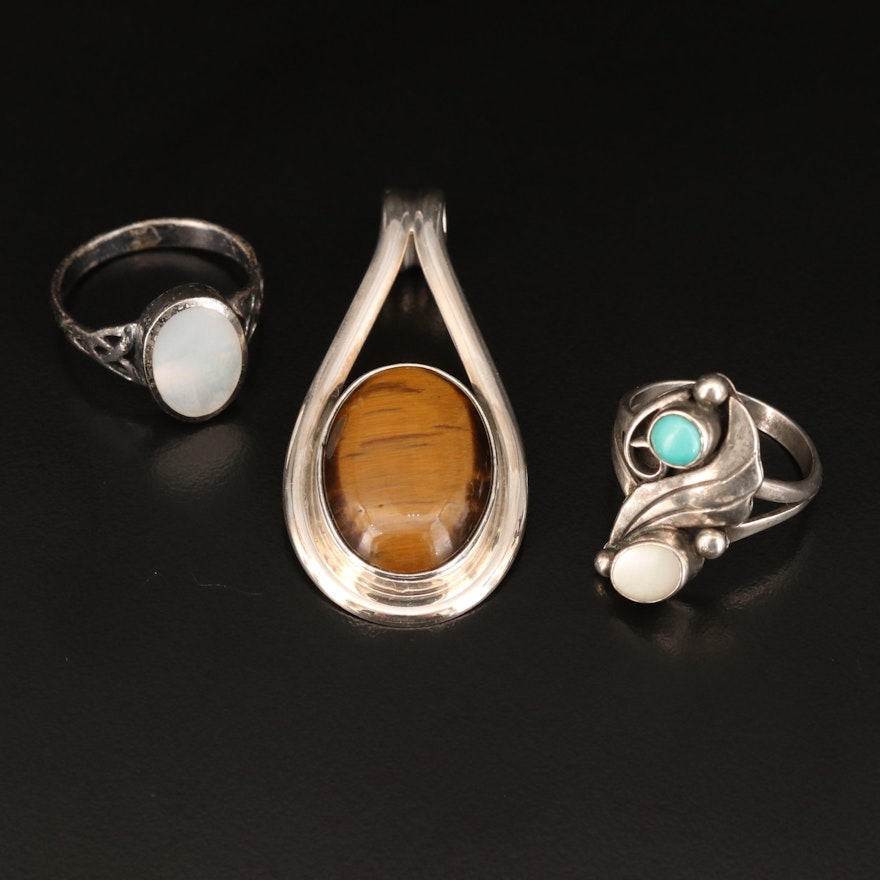 Sterling Rings and Pendant Including Tiger's Eye, Turquoise and Mother of Pearl