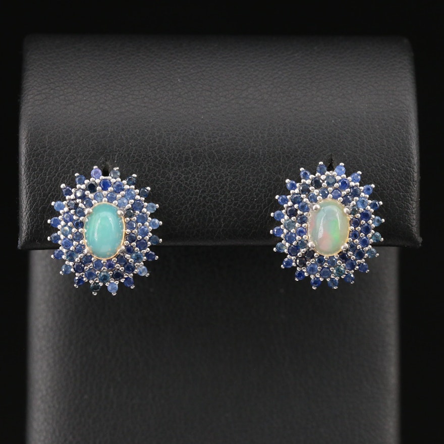 Sterling Silver Opal and Sapphire Earrings