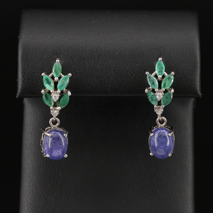 Sterling Silver Tanzanite, Emerald and Cubic Zirconia Dangle Earrings