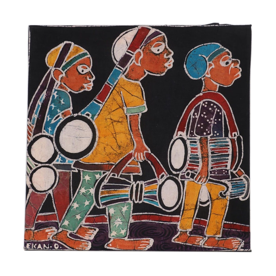 Lekan O. Nigerian Batik Textile Art "Return of Drummers," 2004