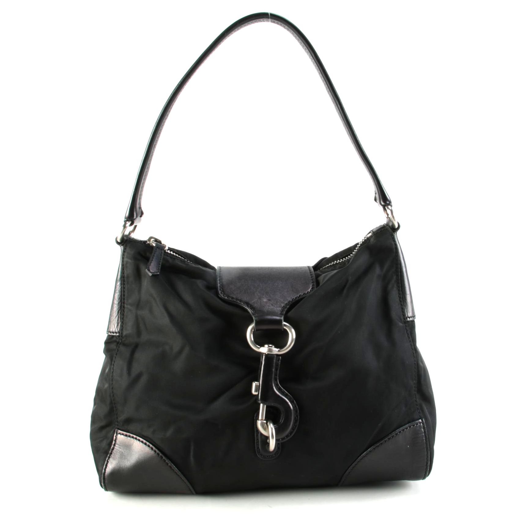 Prada Black Tessuto and Leather Hobo Shoulder Bag