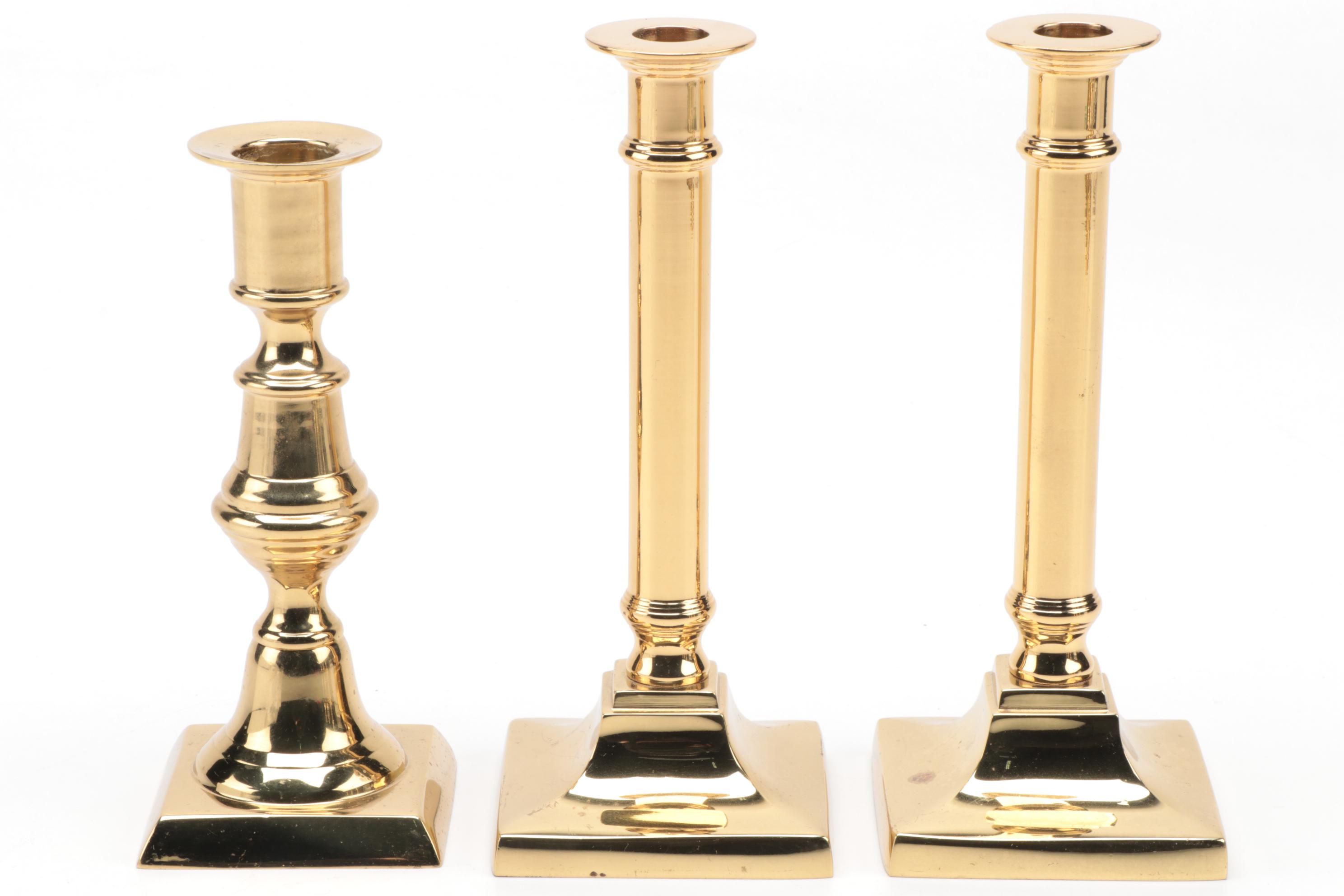 Virginia Metalcrafters Colonial Style Brass Candlesticks, Mid-Late 20th Century