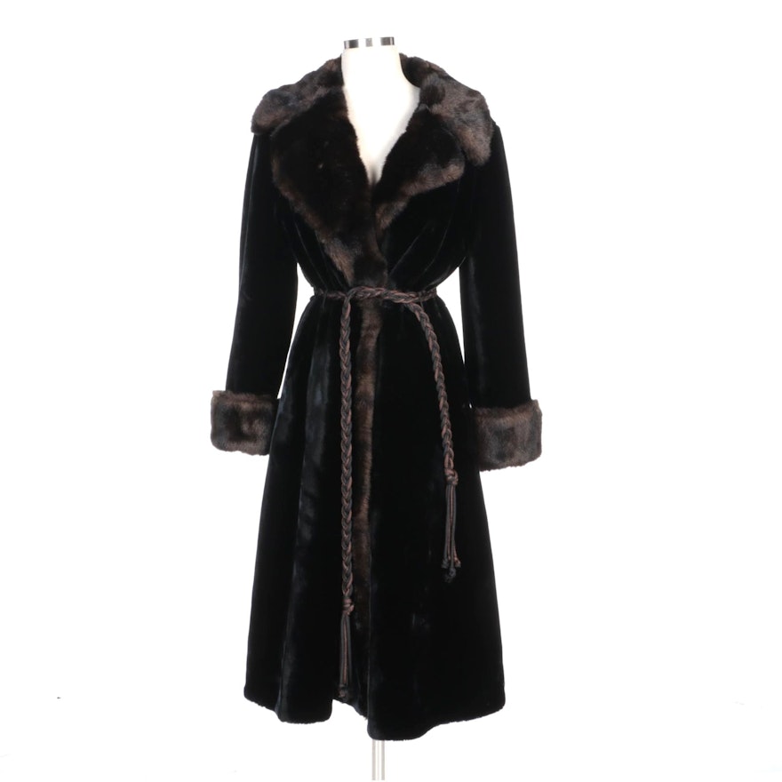 Borgaza Styled by Fairmoor Black/Brown Faux Fur Coat with Braided Tie Belt
