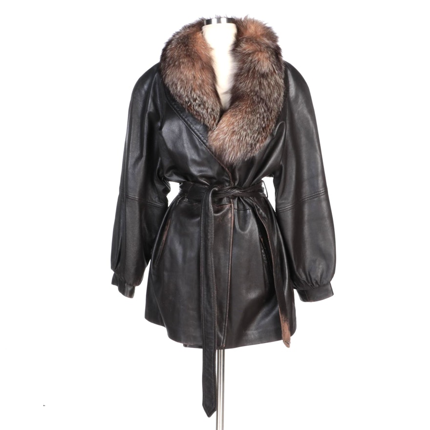 Leather Coat with Raglan Sleeves, Tie Belt, and Removable Fox Fur Collar