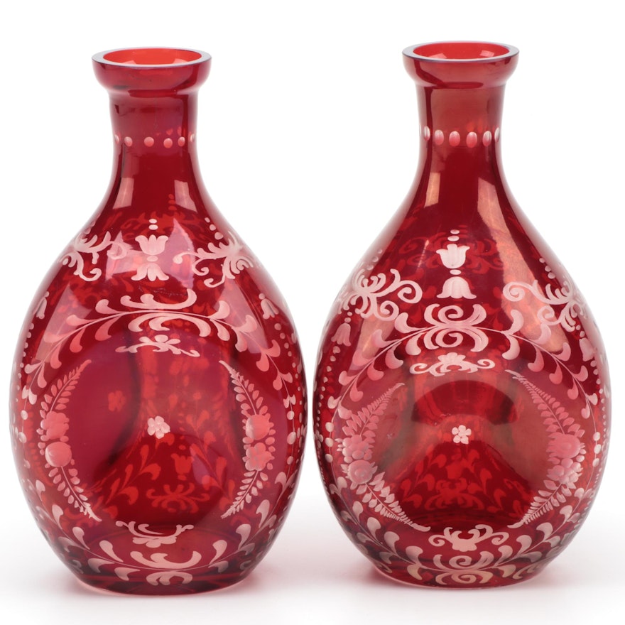 Bohemian Ruby Etched to Clear Pinch Decanters, Late 19th to Early 20th Century