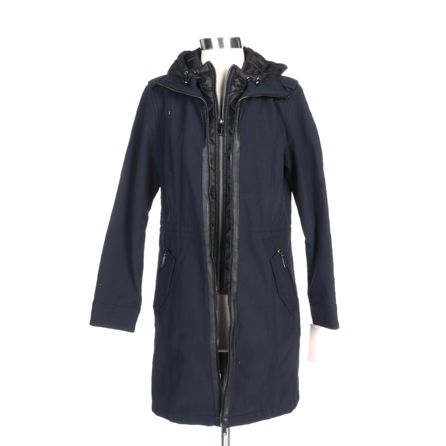 BCBGeneration Navy Zipper-Front Coat with Black Trim and Quilted Hood