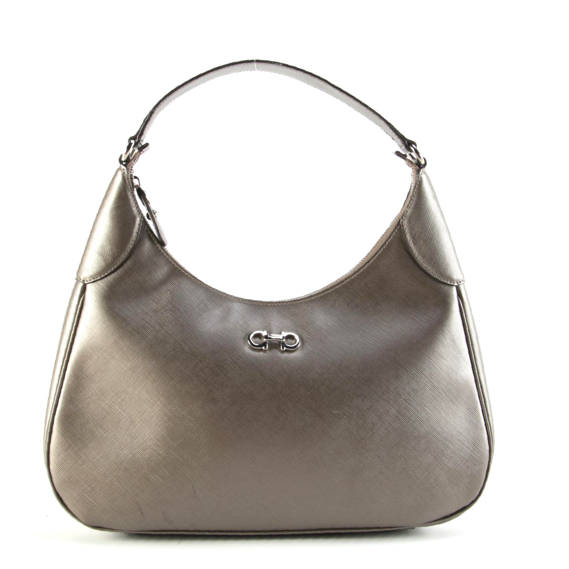 Salvatore Ferragamo Gancini Romana Hobo Bag in Metallic Pewter Saffiano Leather