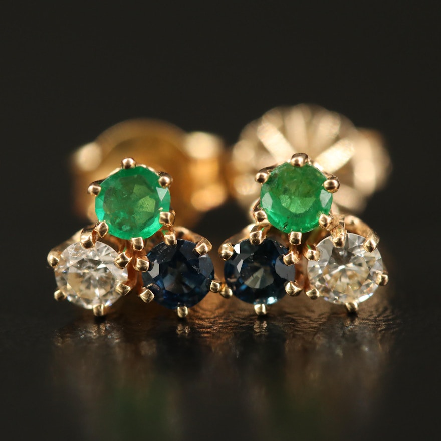 14K Diamond, Sapphire and Emerald Stud Earrings