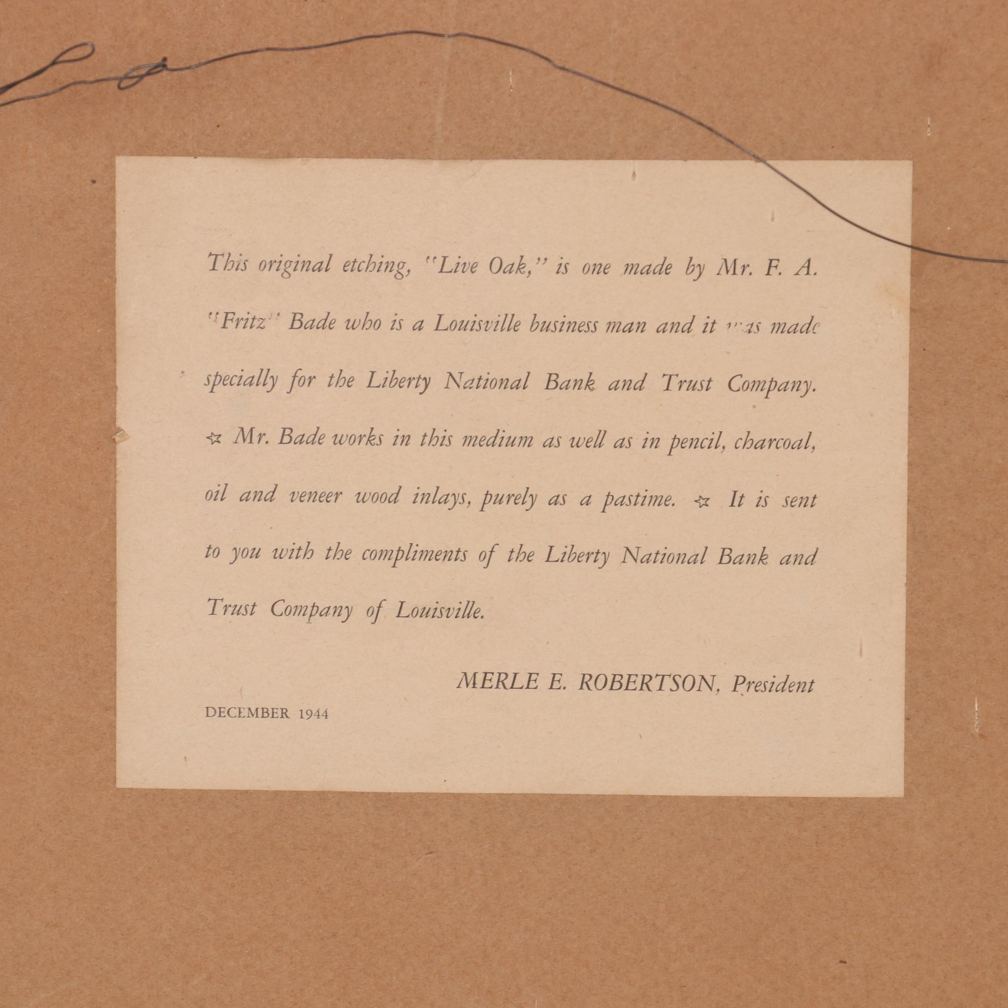 Fritz Bade Etching "Live Oak," Mid 20th Century