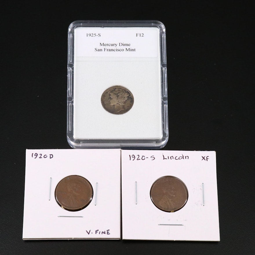 Two Wheat Cents and a Mercury Silver Dime