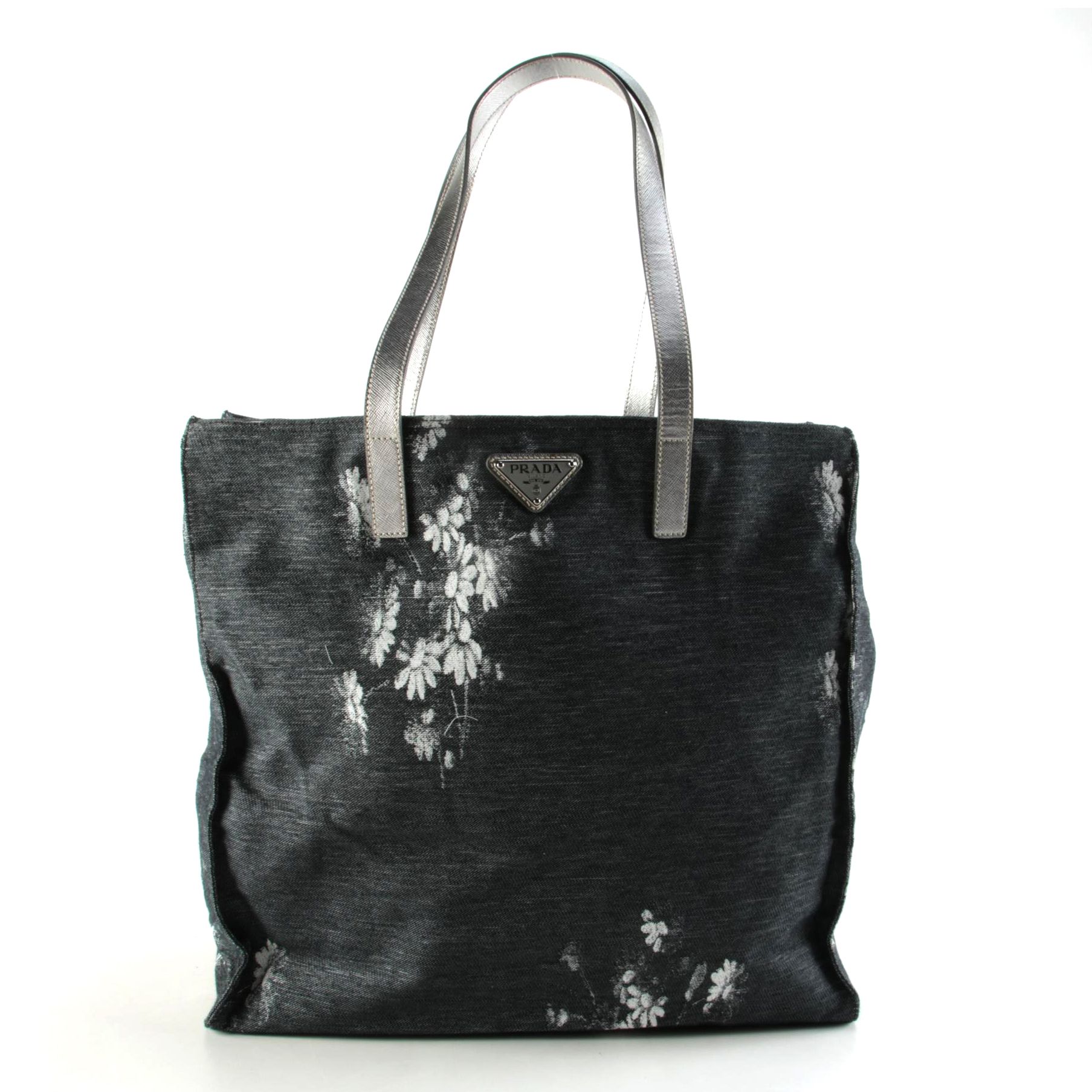 Prada Floral Canvas and Metallic Leather Shoulder Tote