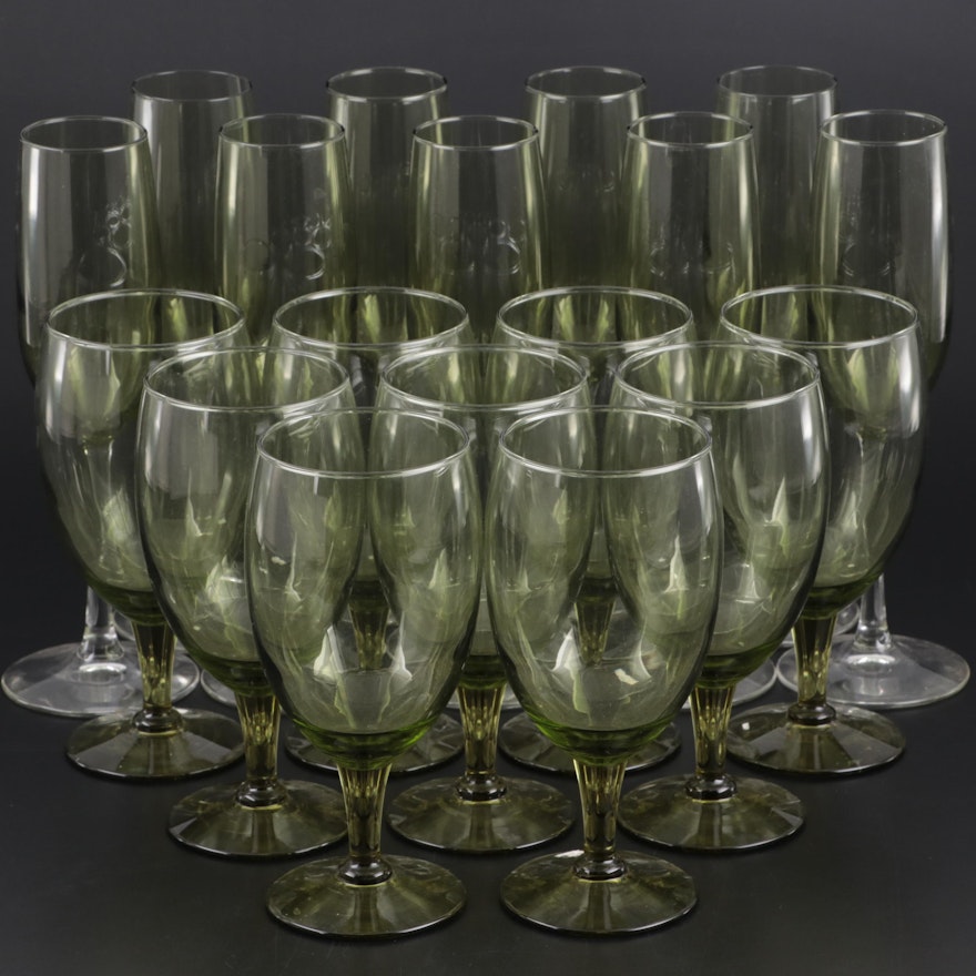 Smokey Green Glass Iced Tea Glasses and Champagne Flutes, Late 20th Century