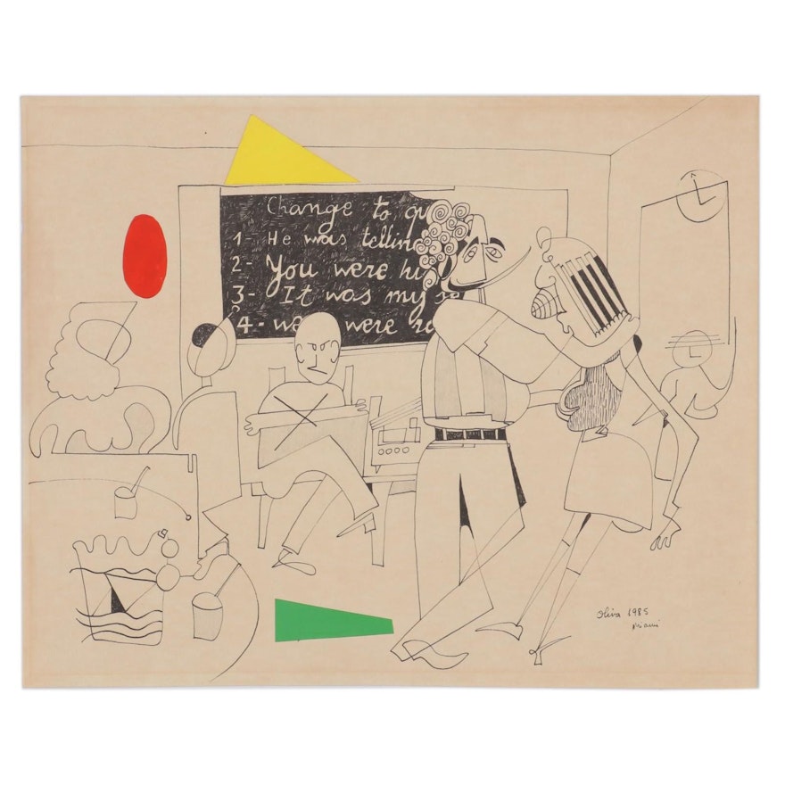 Eduardo Oliva Figural Ink Drawing with Paper Collage, 1985