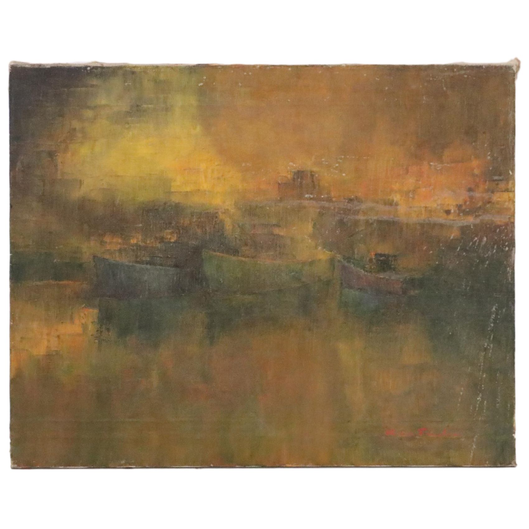 Nautical Oil Painting of Boats in Harbor, Early 20th Century