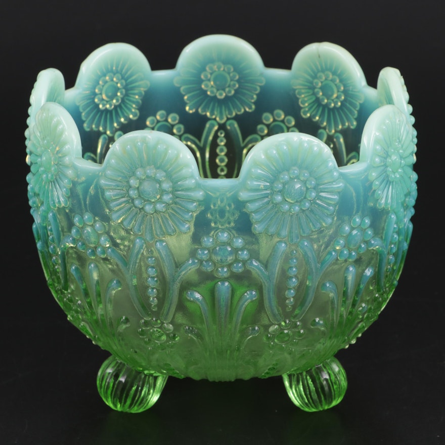 Northwood Glass Green Opalescent "Pearl Flowers" Candy Bowl, Early-Mid 20th C.