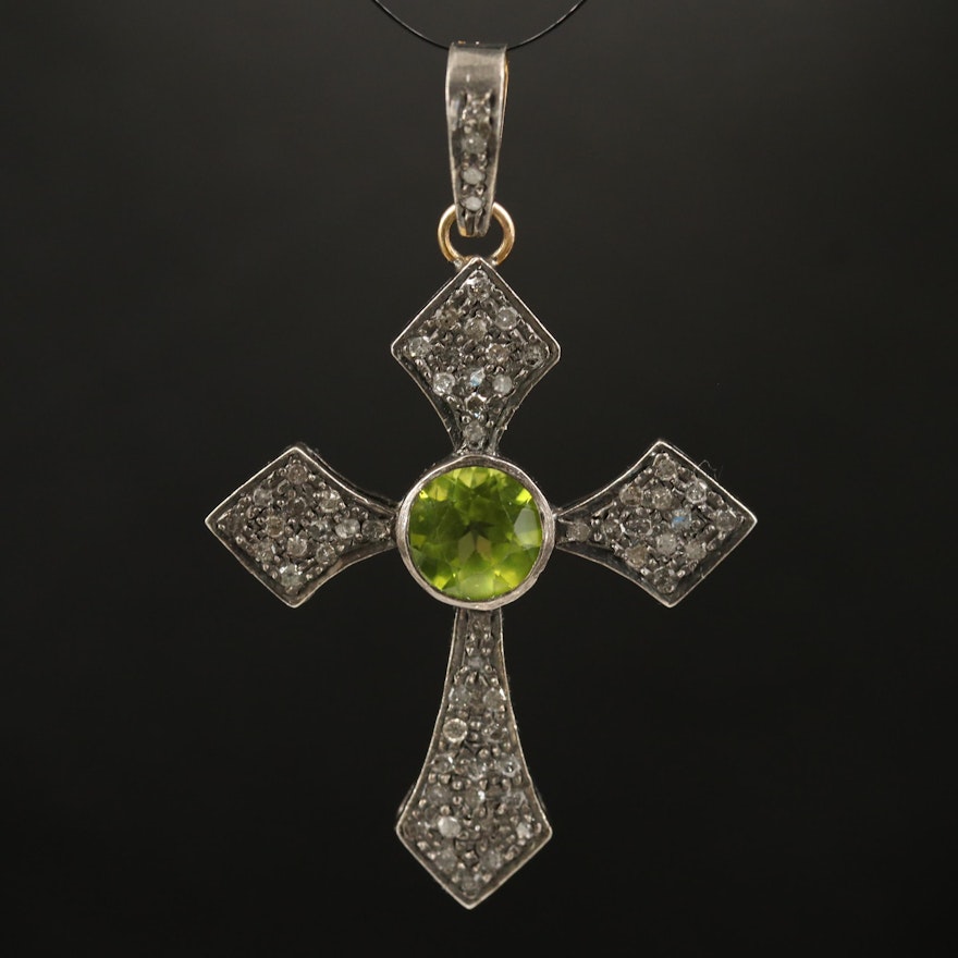Sterling Peridot and Diamond Cross Pendant