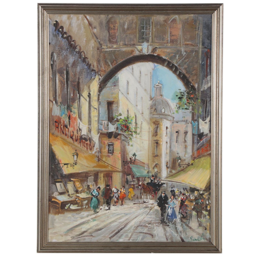 Nelusco Sarti Italian Street Scene Acrylic Painting, Late 20th Century
