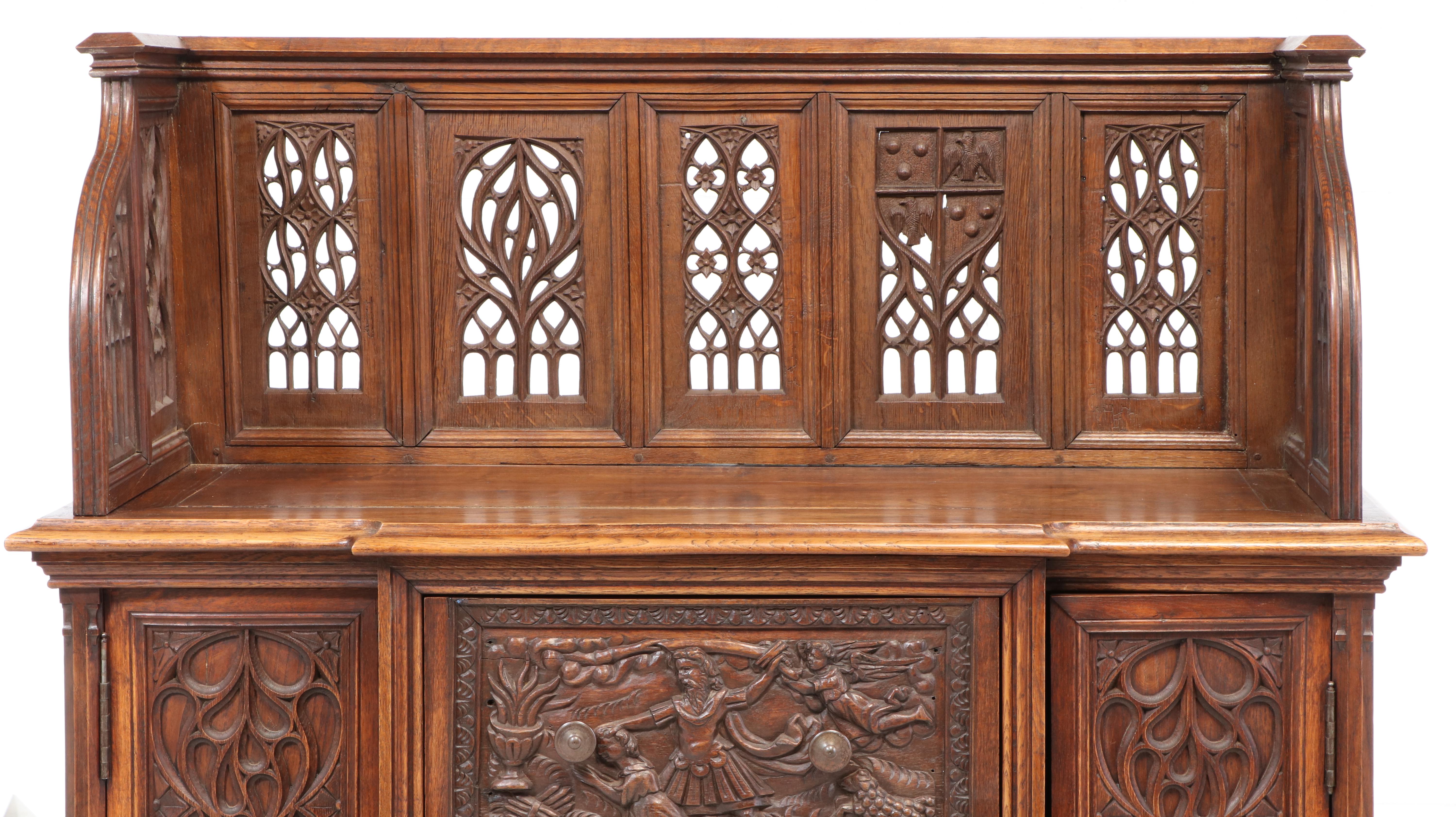 French Neo-Gothic Oak Buffet, Early 20th Century