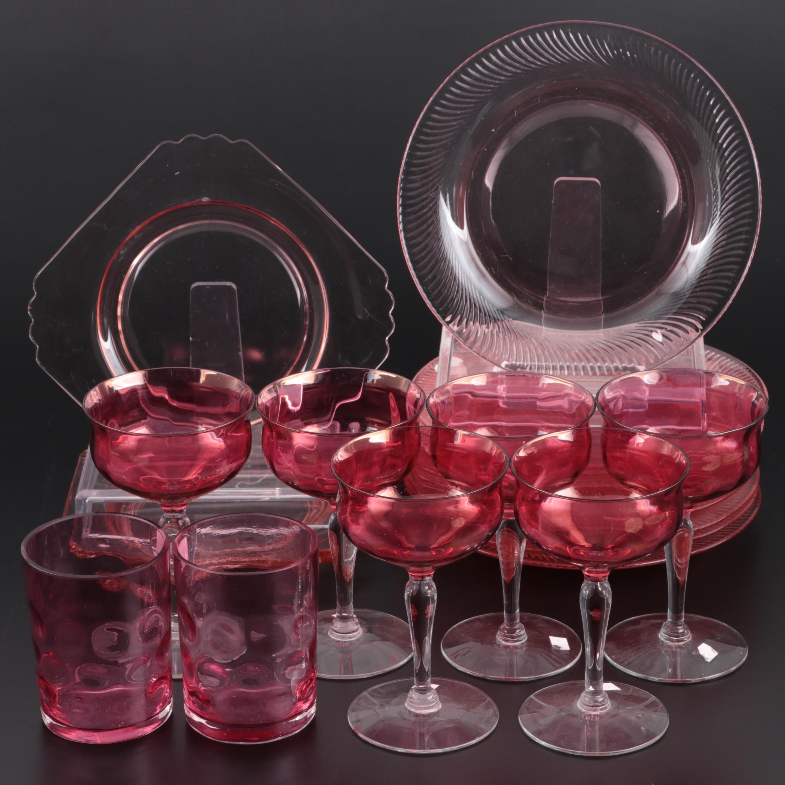 Cranberry Glass Thumbprint Tumblers and Coupes with Pink Depression Glass Plates