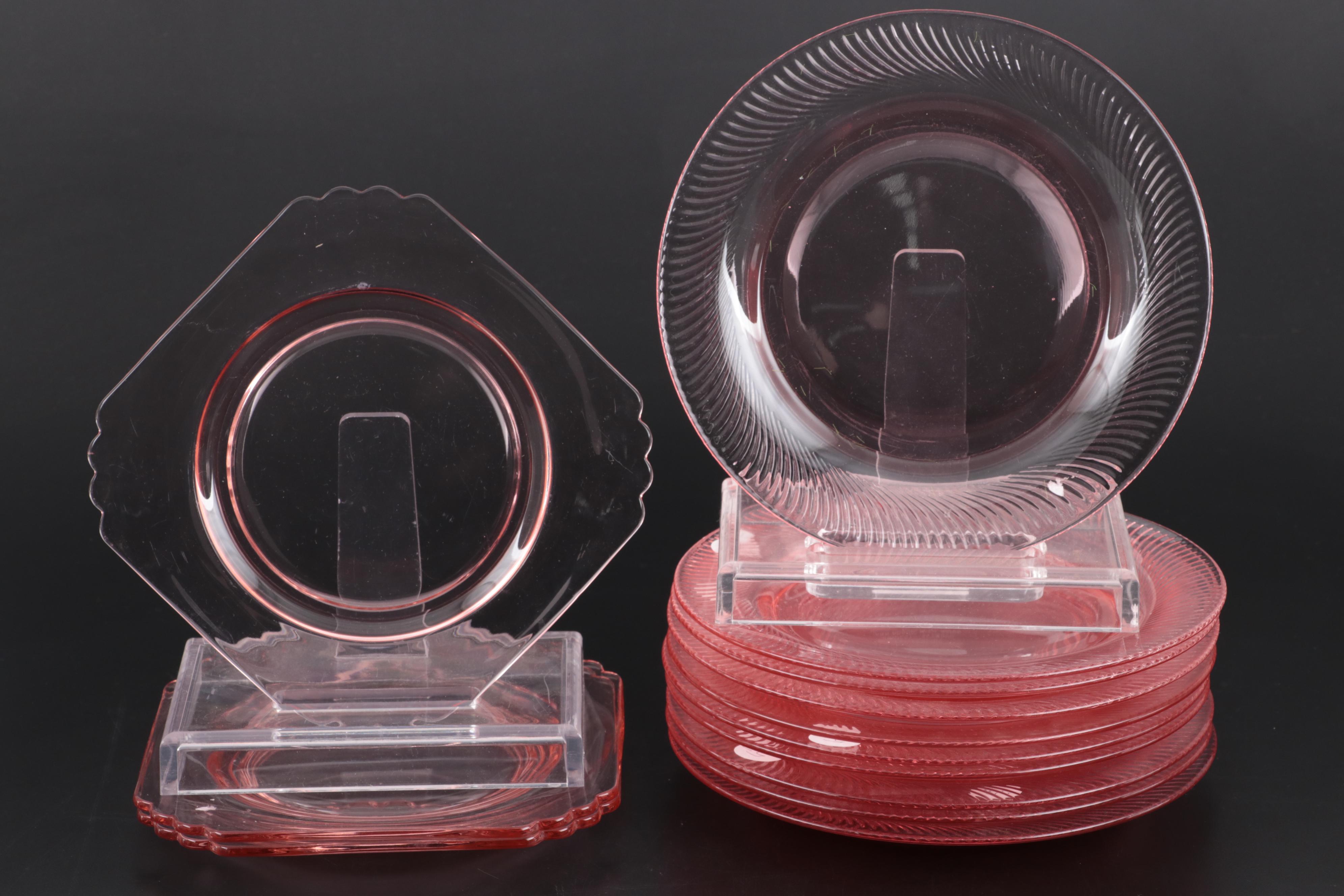 Cranberry Glass Thumbprint Tumblers and Coupes with Pink Depression Glass Plates