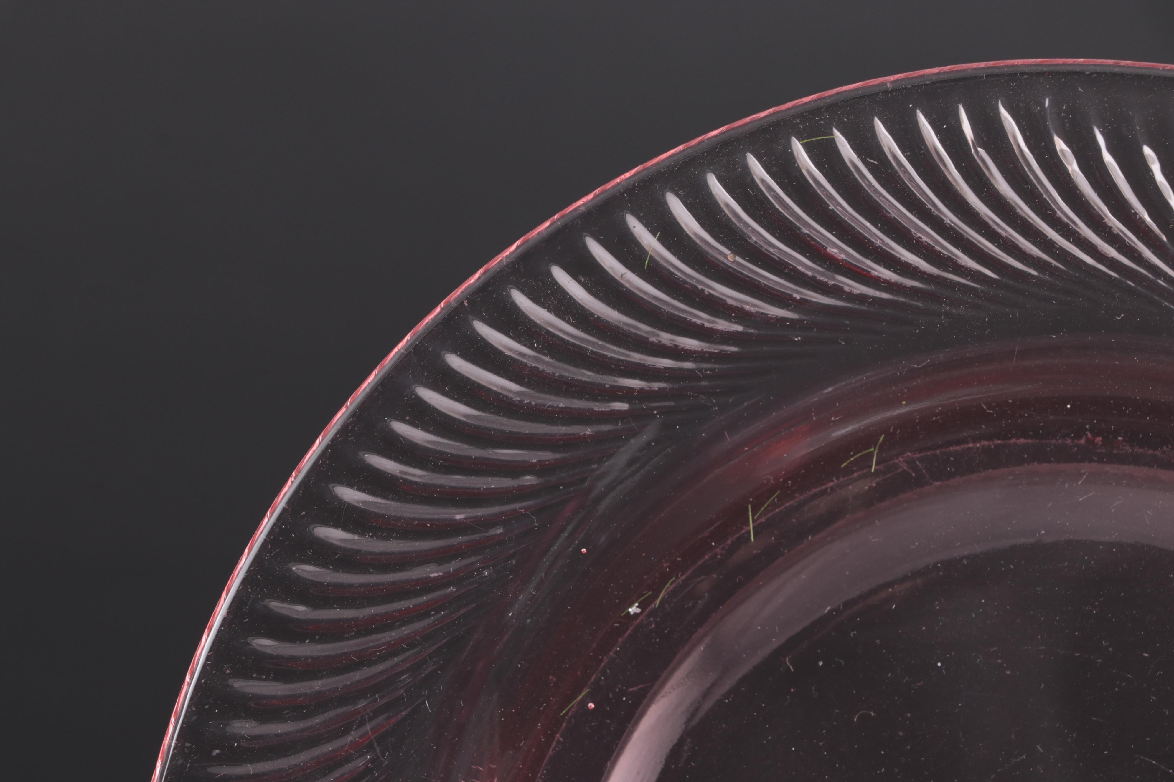 Cranberry Glass Thumbprint Tumblers and Coupes with Pink Depression Glass Plates