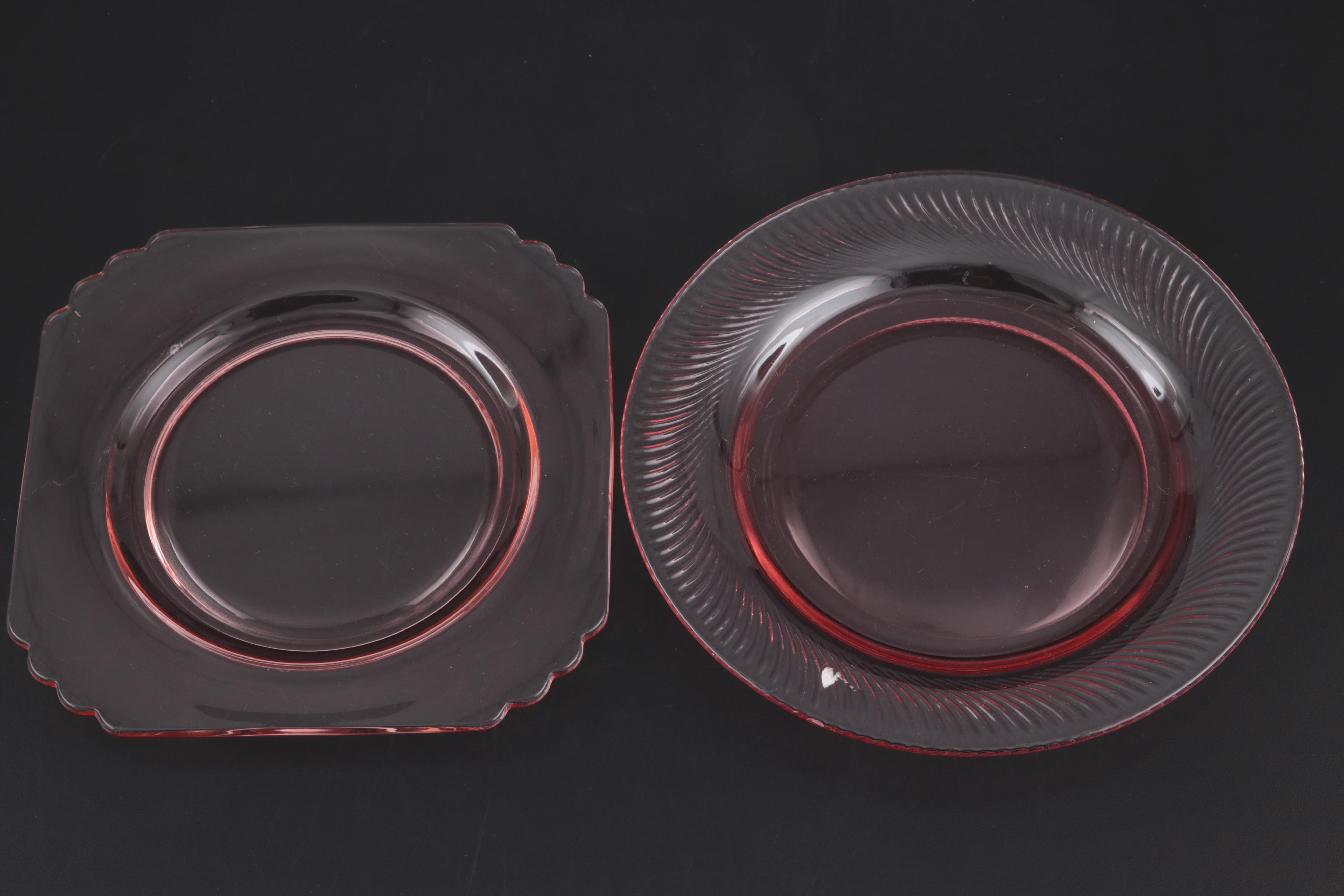 Cranberry Glass Thumbprint Tumblers and Coupes with Pink Depression Glass Plates