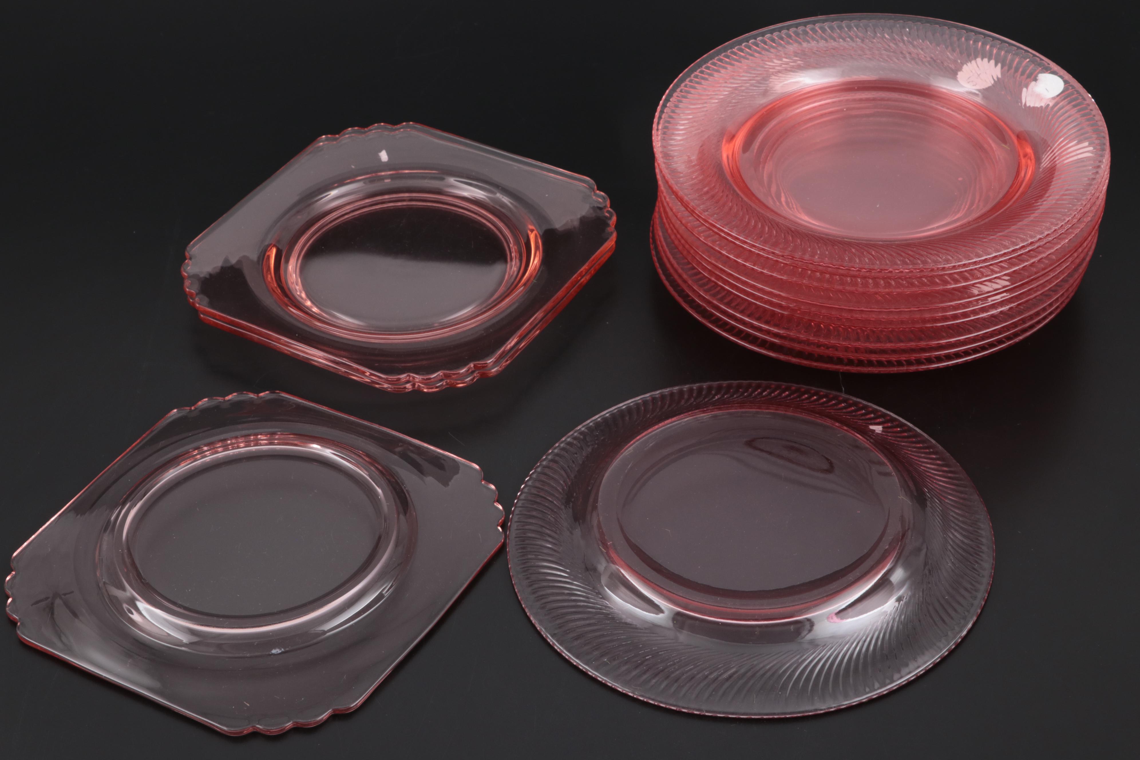 Cranberry Glass Thumbprint Tumblers and Coupes with Pink Depression Glass Plates