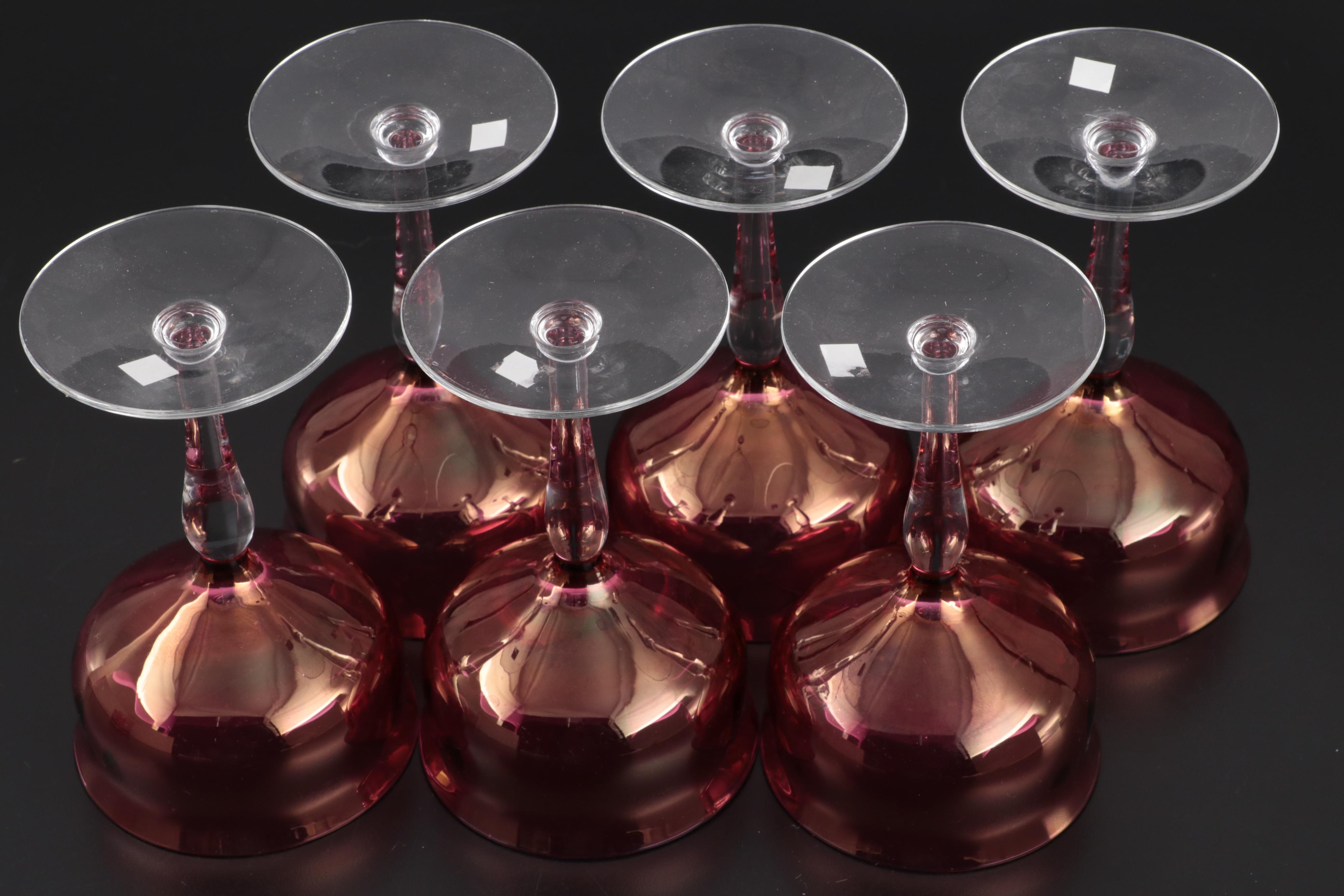 Cranberry Glass Thumbprint Tumblers and Coupes with Pink Depression Glass Plates