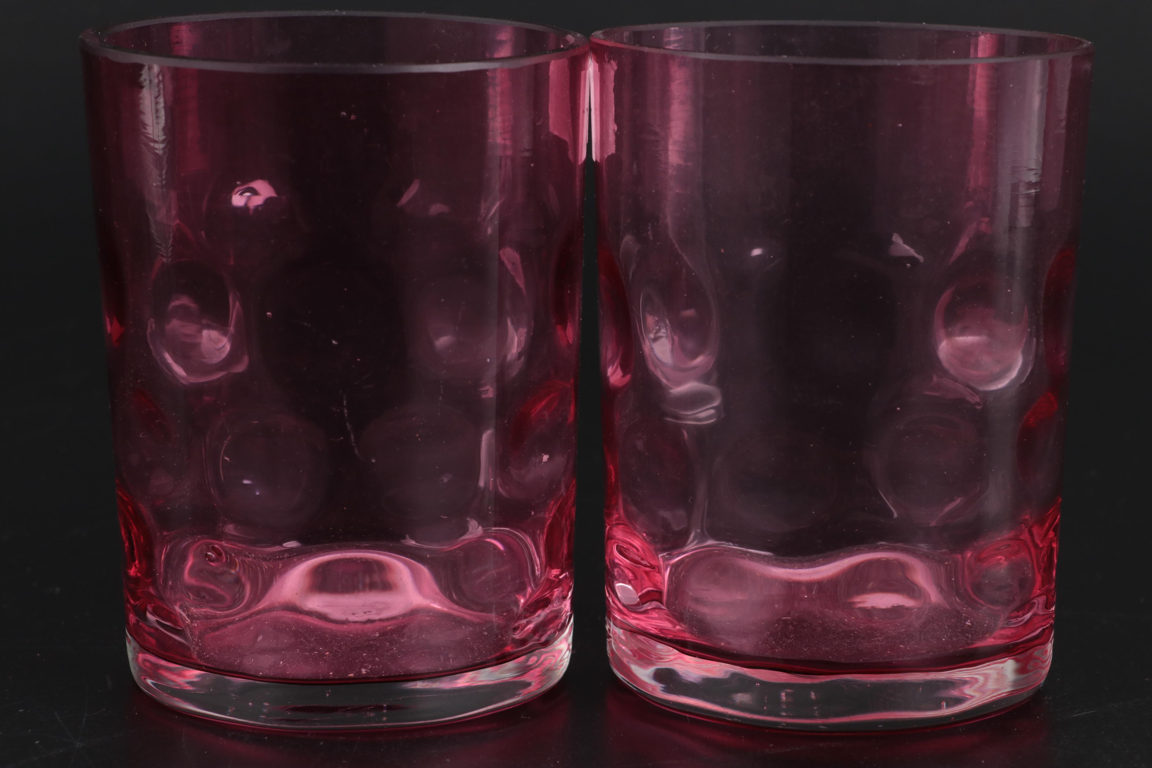 Cranberry Glass Thumbprint Tumblers and Coupes with Pink Depression Glass Plates