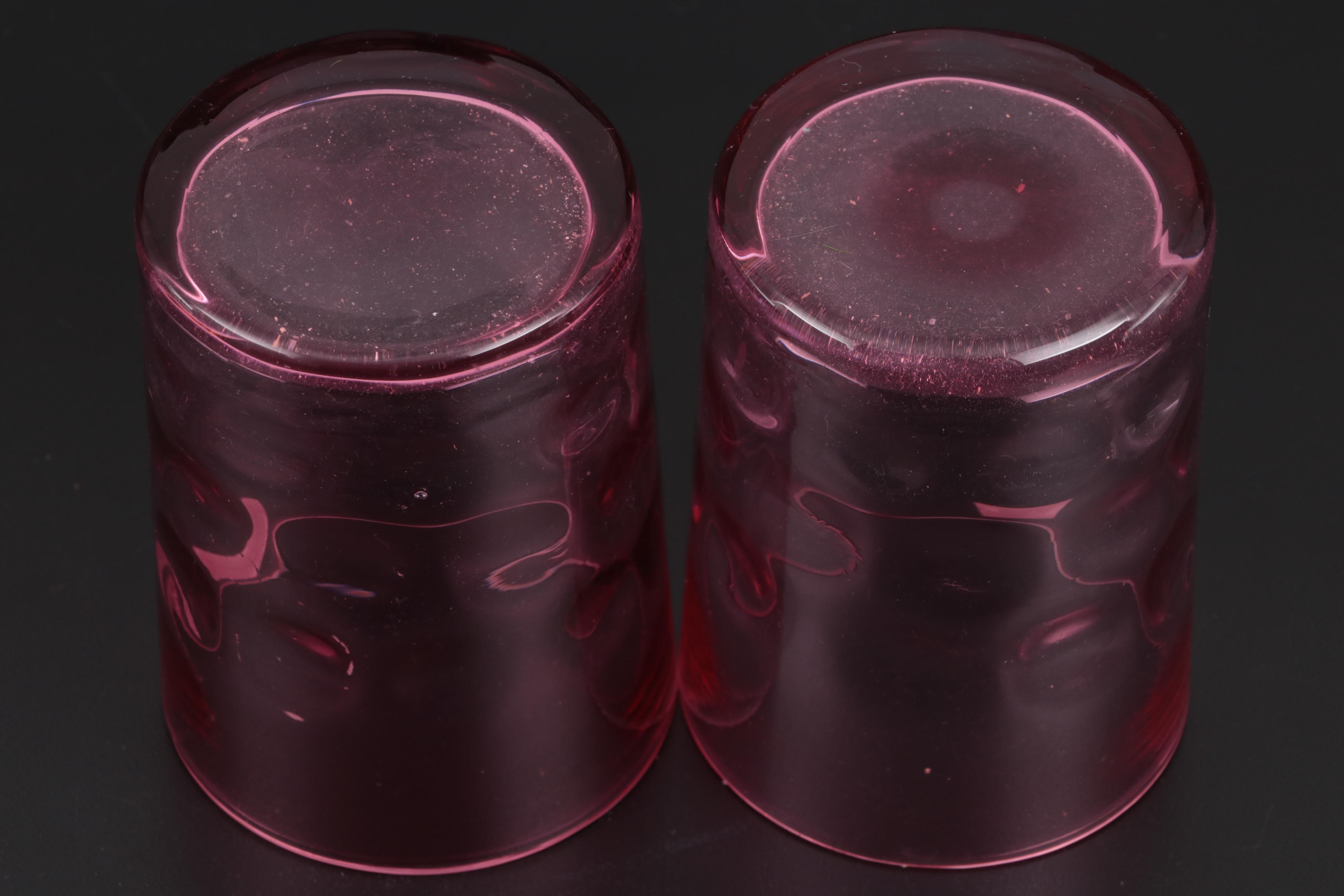 Cranberry Glass Thumbprint Tumblers and Coupes with Pink Depression Glass Plates