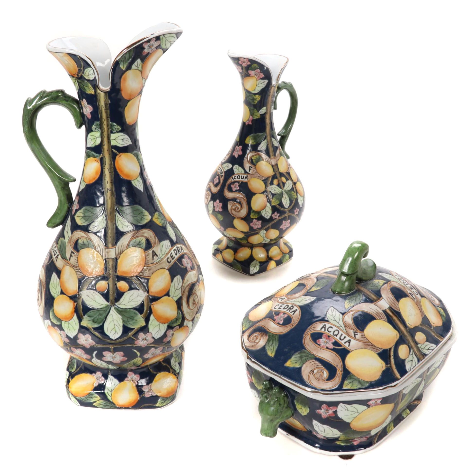 Italian Majolica Style Decorative Pottery Ewers and Covered Dish