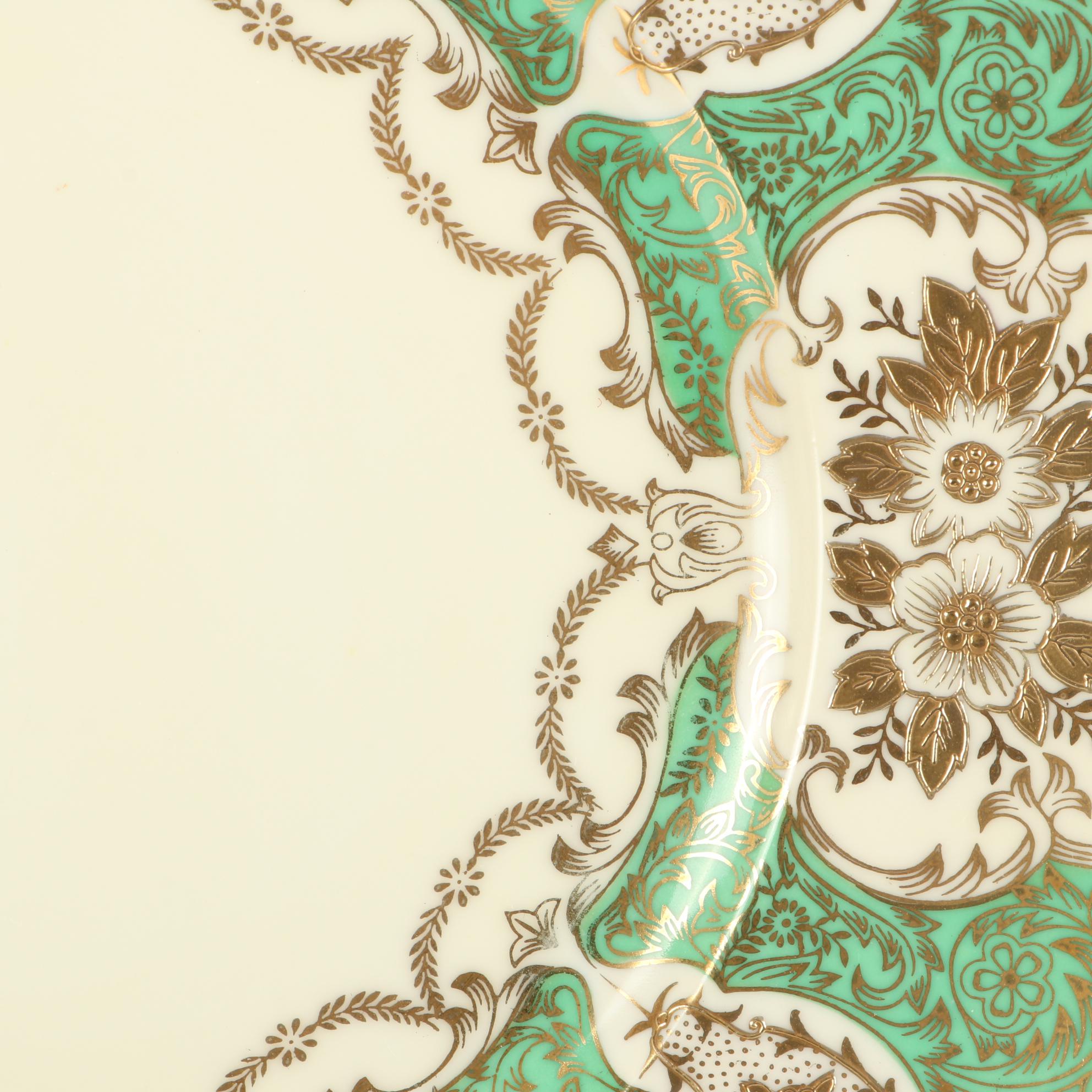 N.S.P. China Green and Gold Dinner Plates, Mid to Late 20th Century