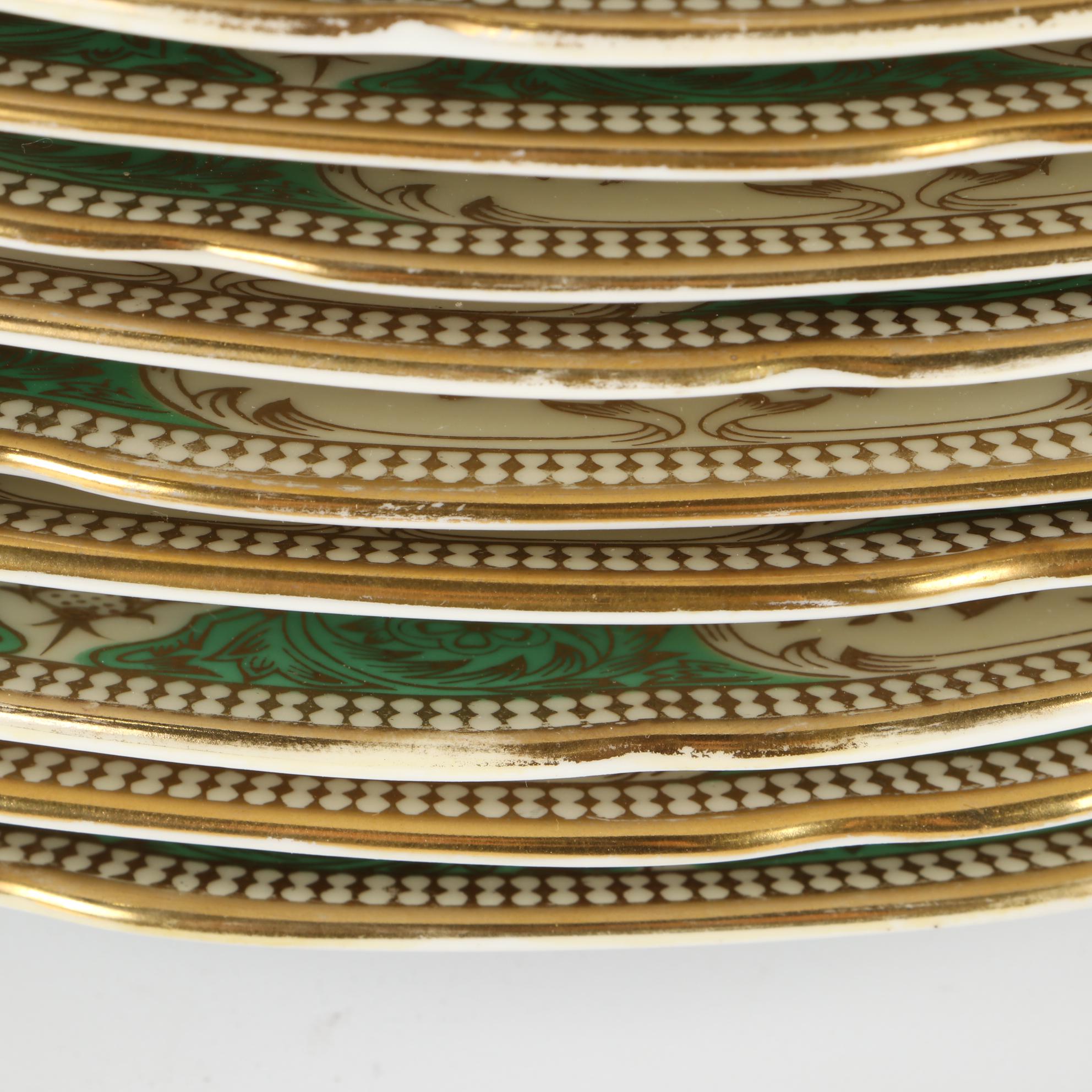 N.S.P. China Green and Gold Dinner Plates, Mid to Late 20th Century