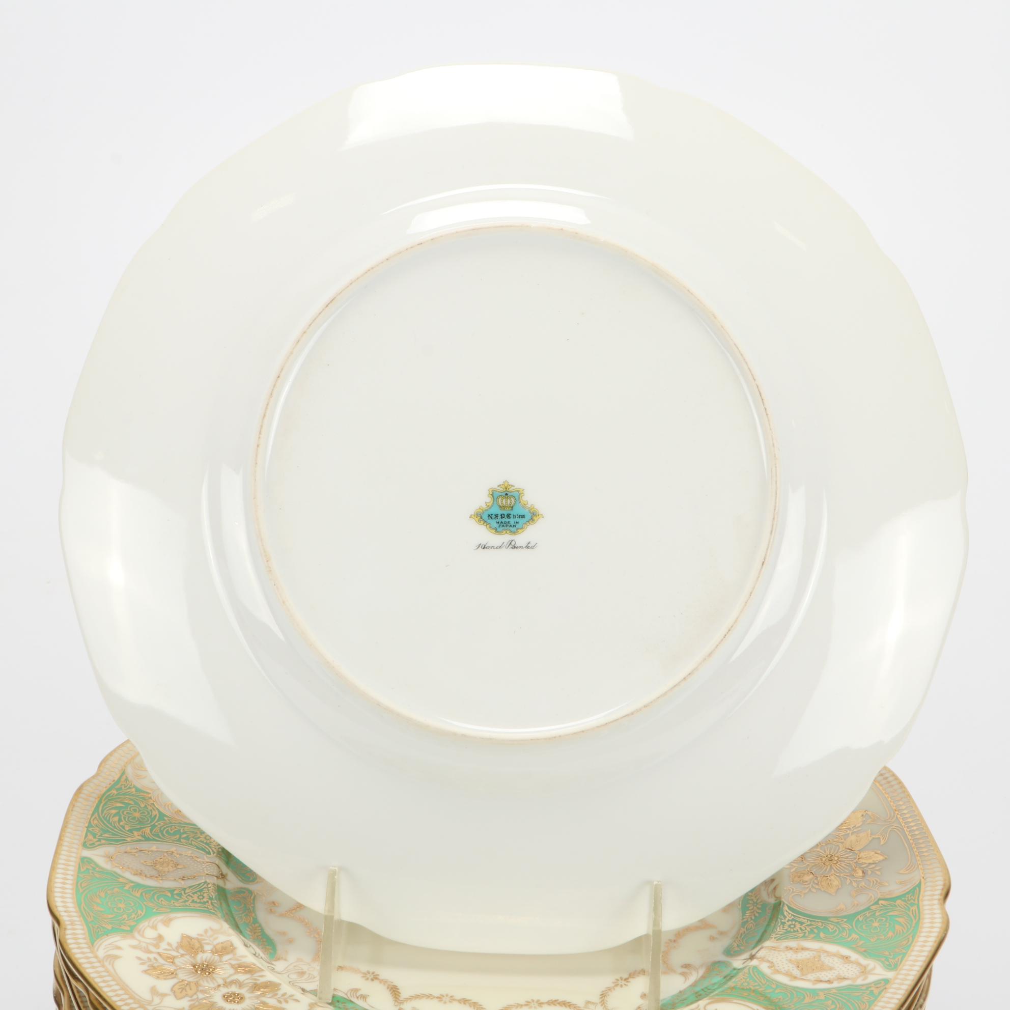 N.S.P. China Green and Gold Dinner Plates, Mid to Late 20th Century