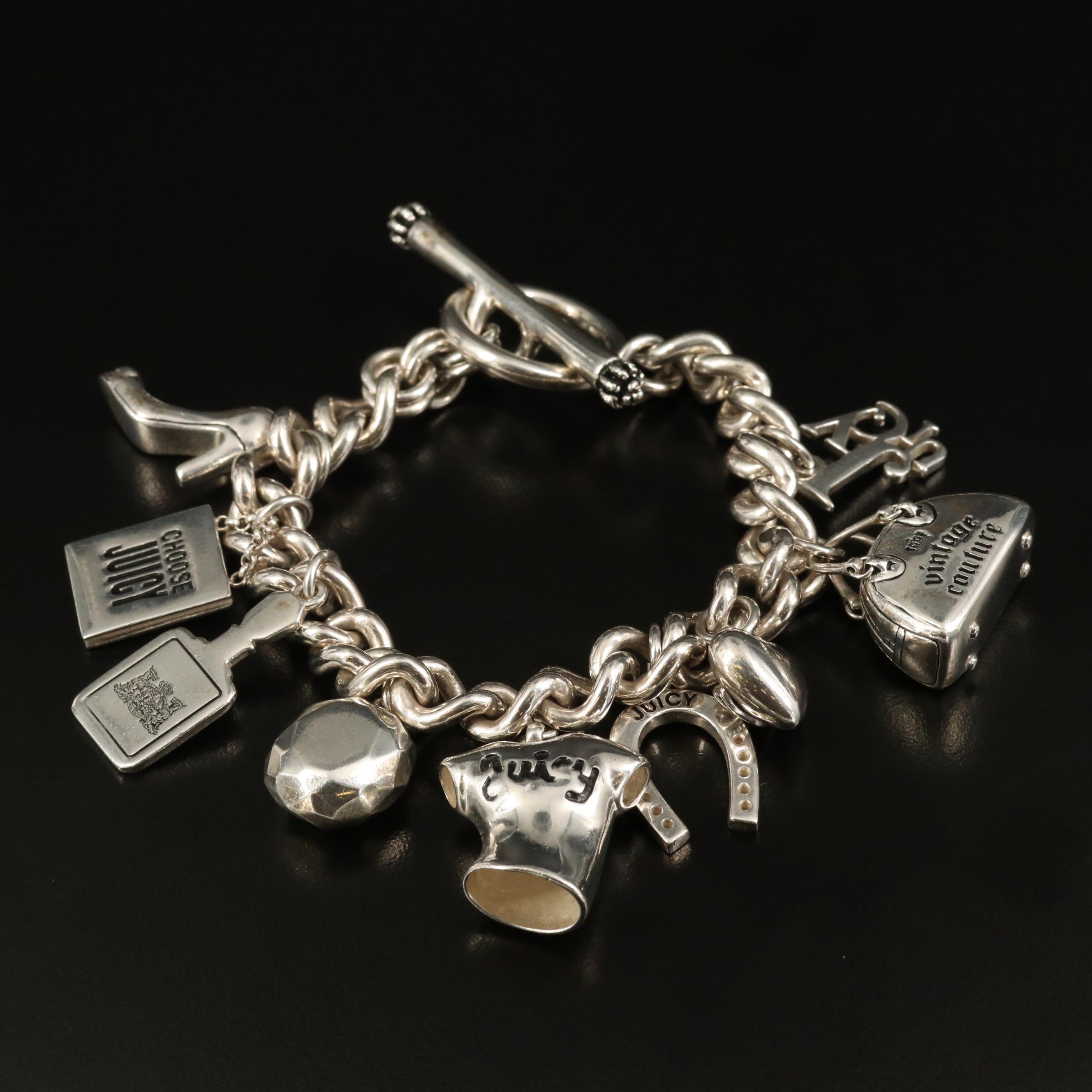 Juicy Couture Sterling Silver Charm Bracelet with High Heel and Horseshoe Charms