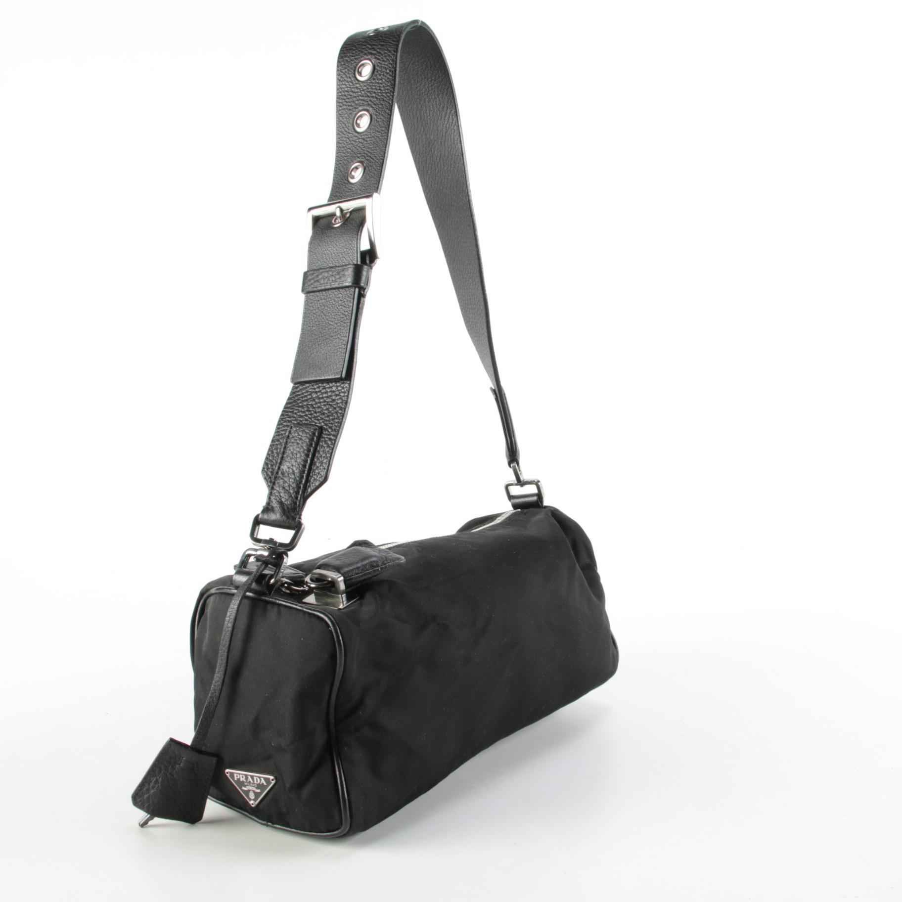 Prada Tessuto Nylon and Leather Buckle Strap Shoulder Bag in Black