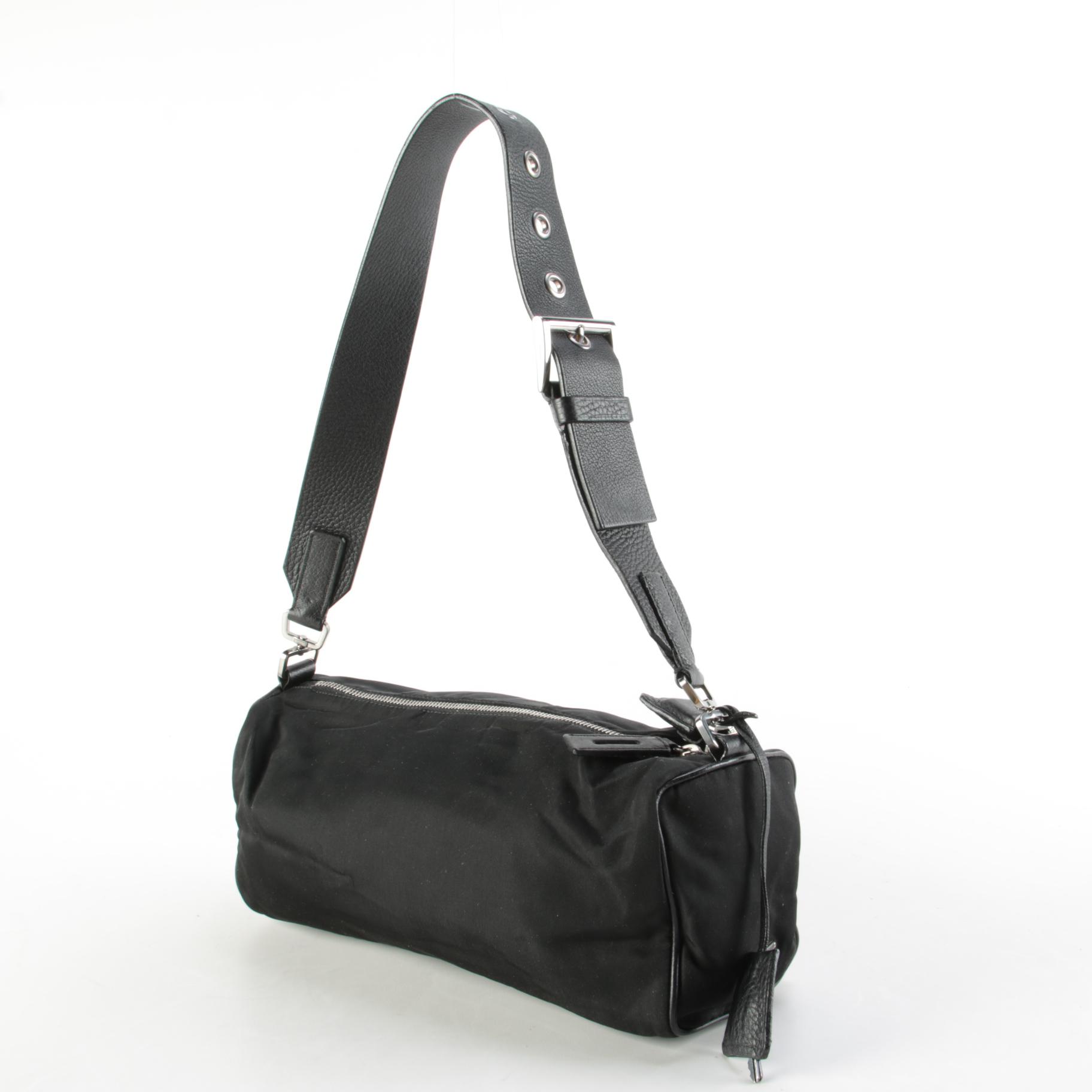 Prada Tessuto Nylon and Leather Buckle Strap Shoulder Bag in Black