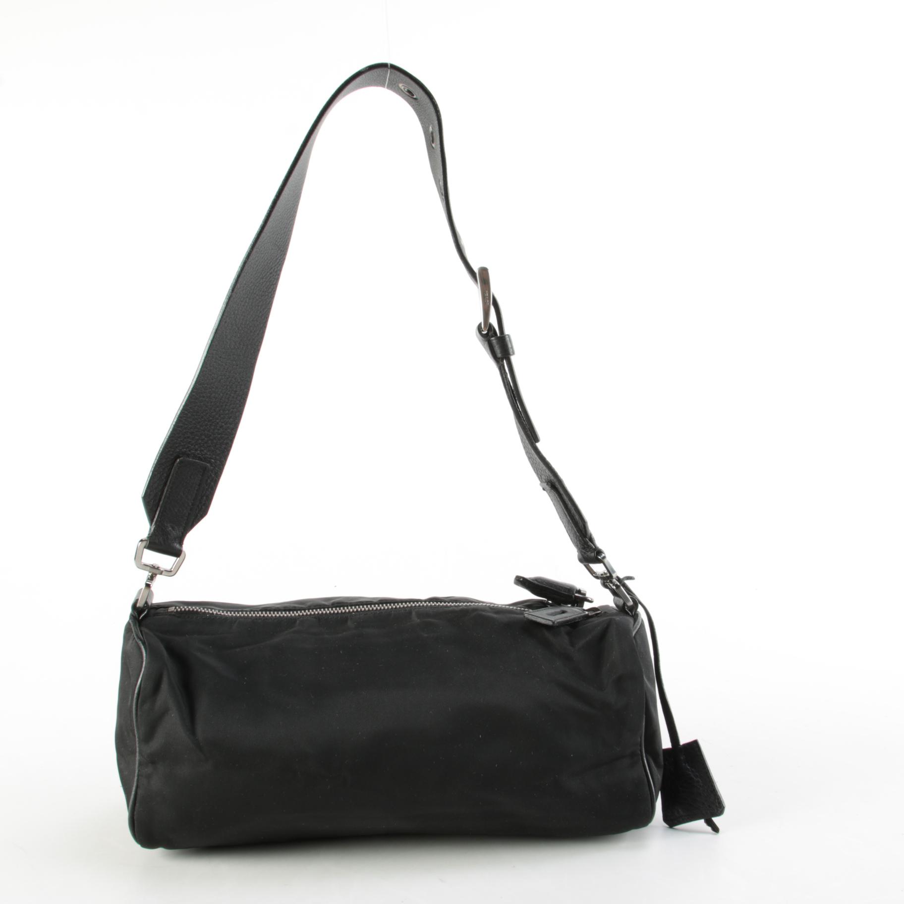 Prada Tessuto Nylon and Leather Buckle Strap Shoulder Bag in Black