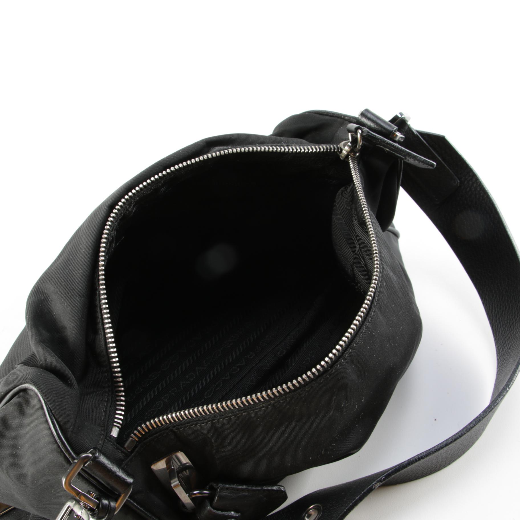 Prada Tessuto Nylon and Leather Buckle Strap Shoulder Bag in Black