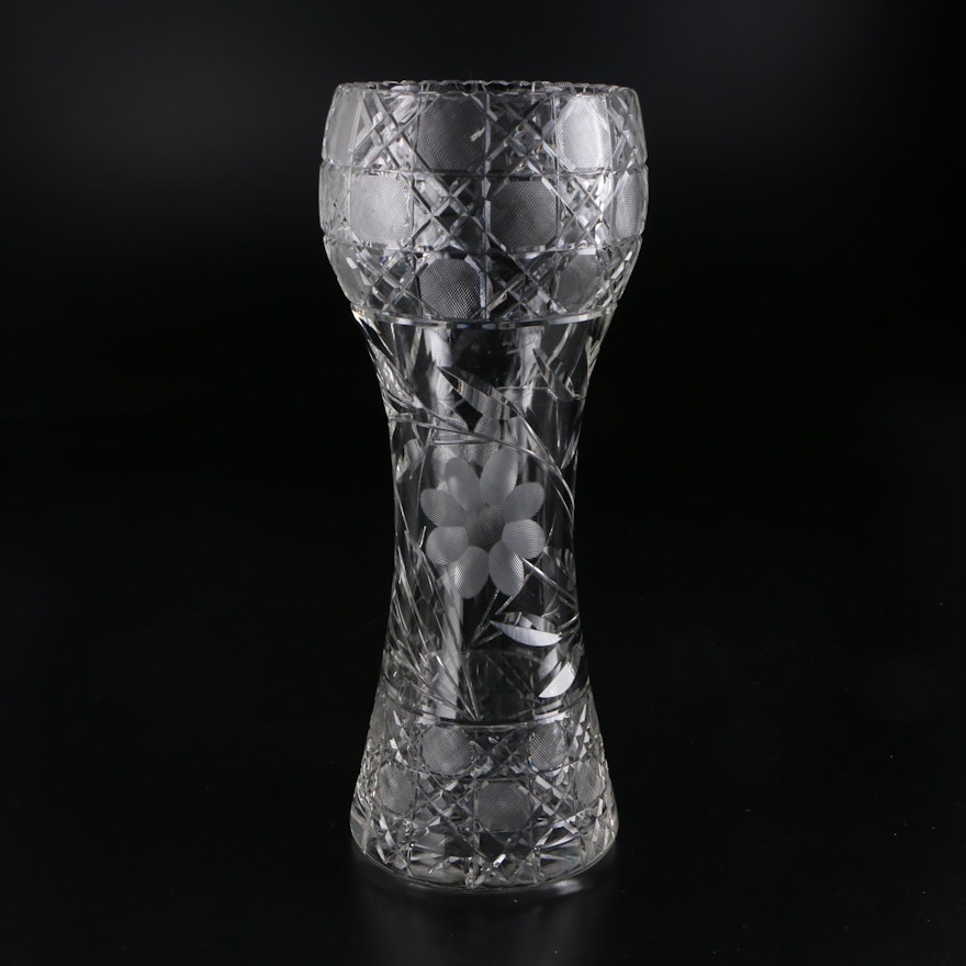 Art Deco American Brilliant Cut Glass Vase with Etched Floral Design