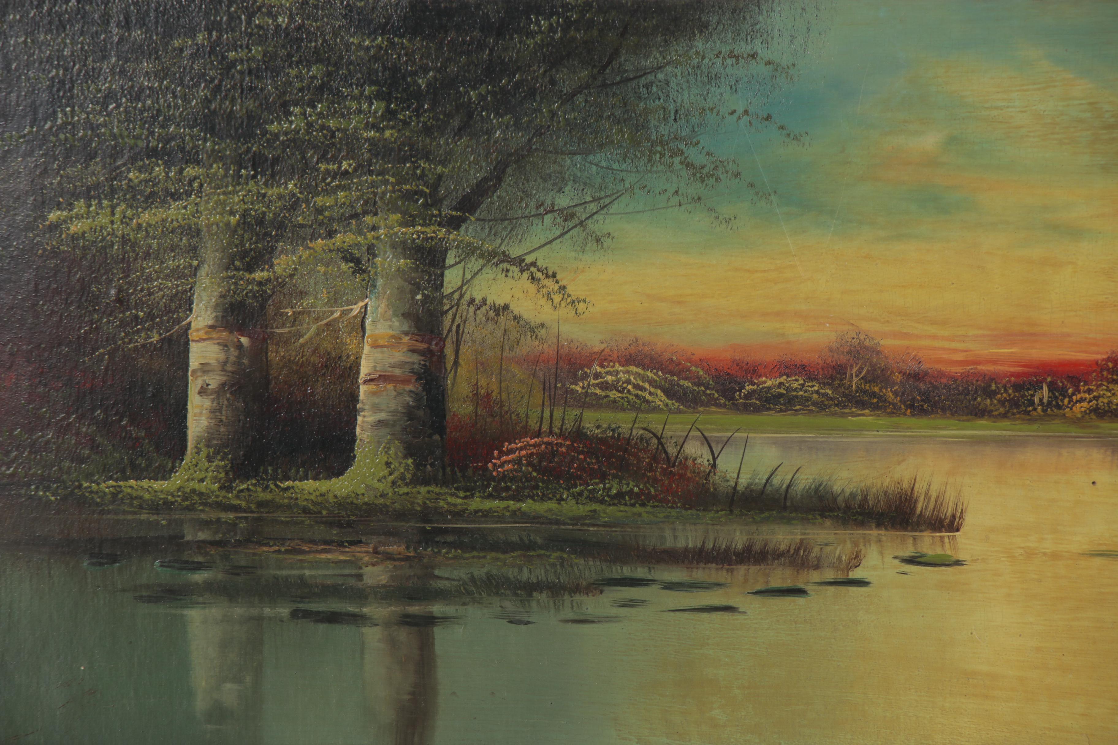 H.L. Herley Landscape Oil Painting of Lake at Sunset, Early 20th Century